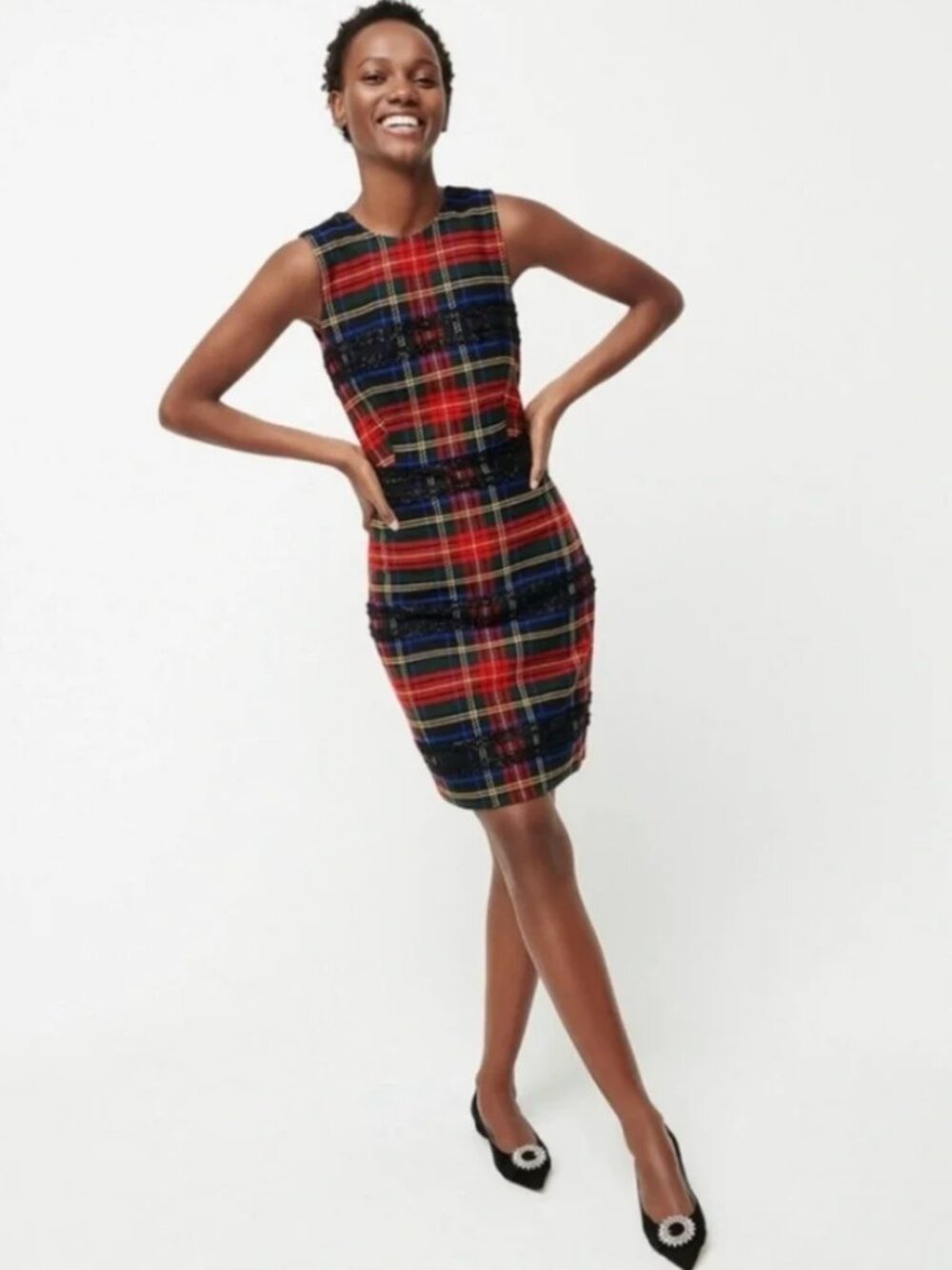 NWOT J.Crew Lurex Stewart Tartan Plaid Sleeveless Sheath Dress Holiday Red/Black